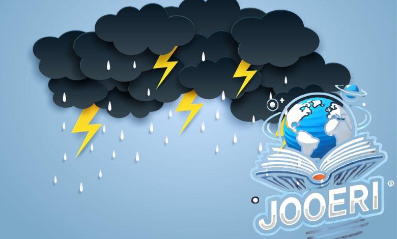 Monsoon, Rainy Season background . cloud rain and thunderbolt hanging on blue sky. paper art style.vector.
