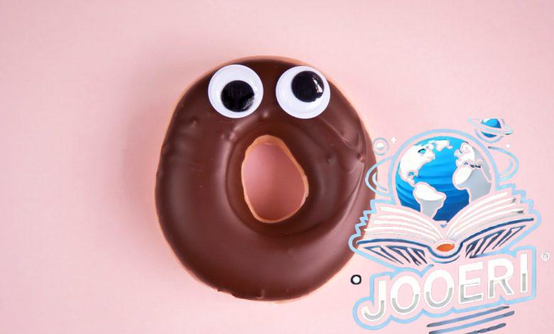 Close-up of a surprised doughnut with chocolate icing and googly eyes.