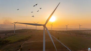Wind turbine spins at sunrise.